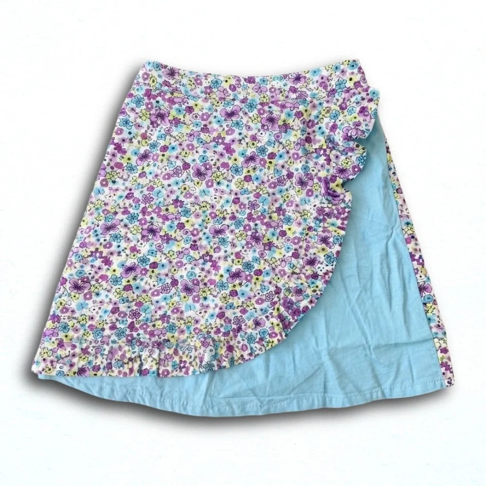 Girls Floral Ruffle Wrap Skort Purple Blue Flower Print Elastic Waist Size 2/3